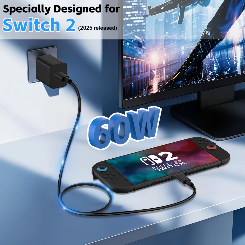 Herfair Switch 2 Charger 60W 20V/3A AC Power Adapter Fast Charging Block with USB C