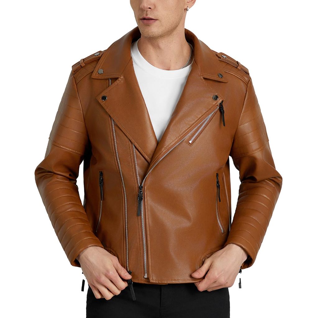 WULFUL Men's Faux Leather Bomber Jacket - Motorcycle Slim Fit Biker Coat with Asymmetric Zip and Multiple Pockets, Medium