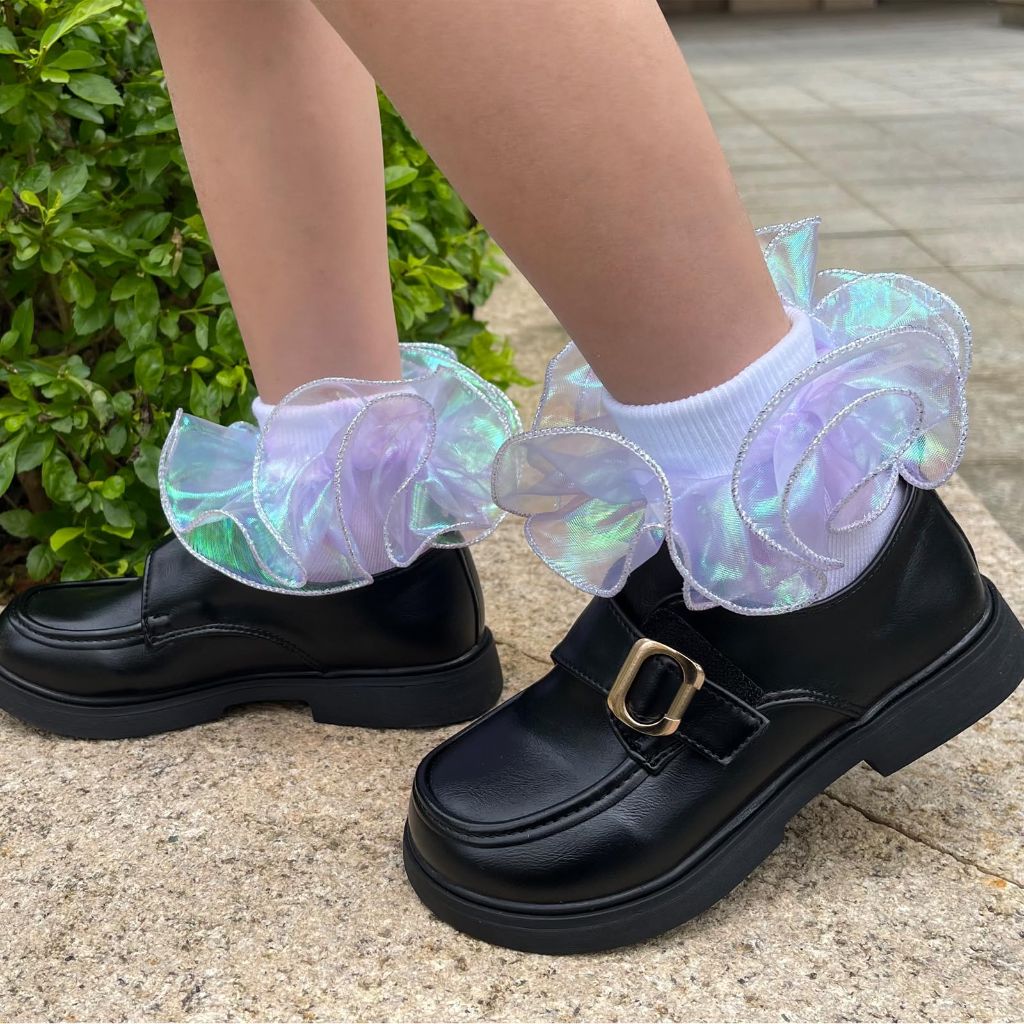 KOSIWEGO Girls White Ruffle Socks - Small, Purple/White (6 Pairs)