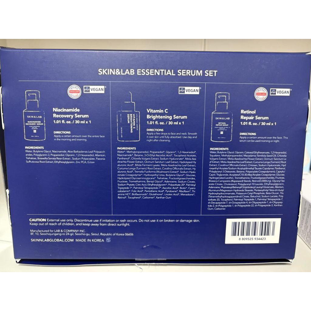 [SKIN&LAB] Essential Serum Set, Includes Vitamin C, Retinol & Niacinamide Serums – 3 x 1.01 fl. oz.