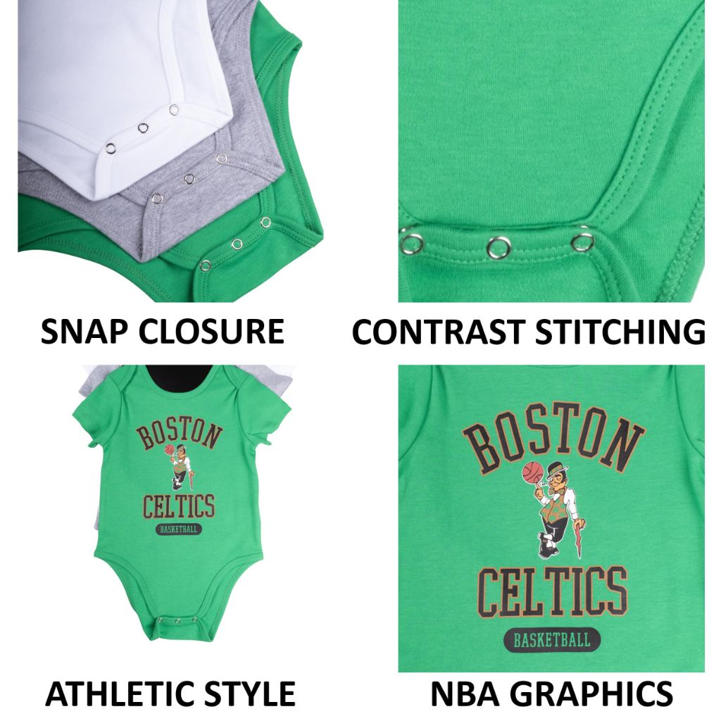 Ultra Game Youth NBA Official Baby Super Soft Cotton 3 Pack Creeper Bodysuit, Boston Celtics, Assorted, 3-6M