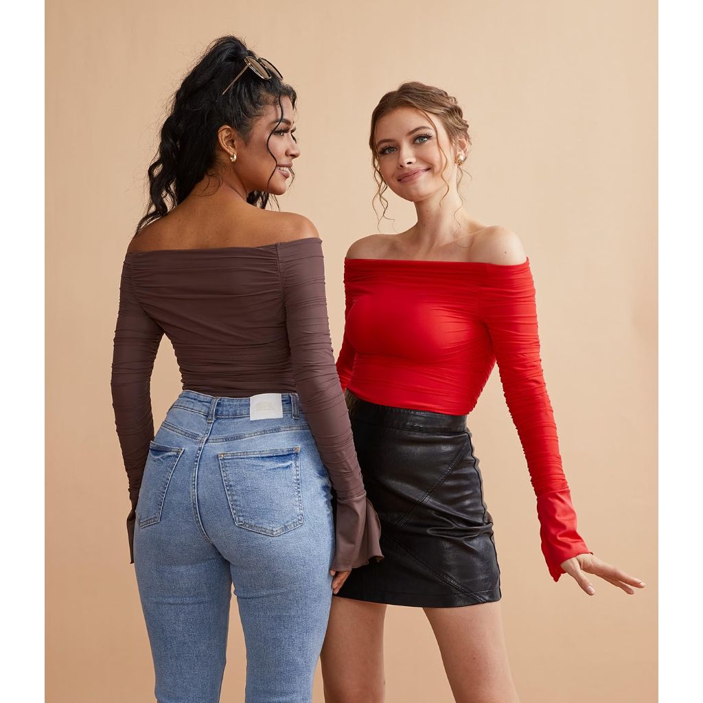 OMKAGI Women Long Sleeve Top, Boat Neck, Off Shoulder, Fitted, Y2K Crop Top(XS,Red-194)