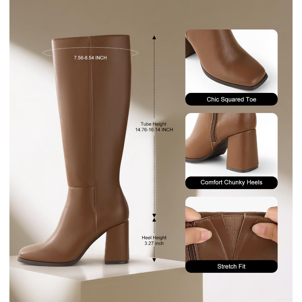 Ankis Knee High Boots for Women Squared Toe Chunky High Heel with Side Zipper Long Boots