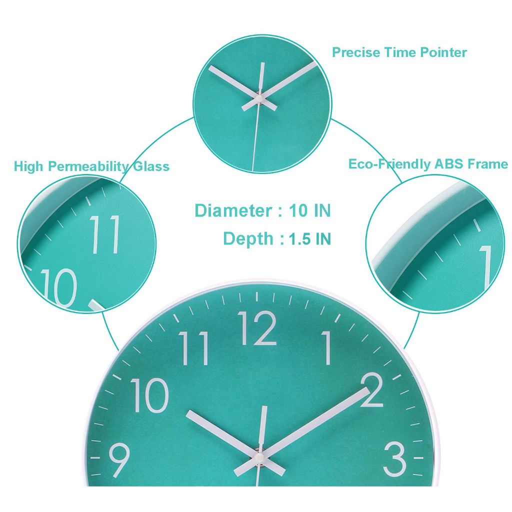 Epy Huts Modern Simple Wall Clock Indoor Non-Ticking Silent Sweep Movement Wall Clock 10 Inch Teal
