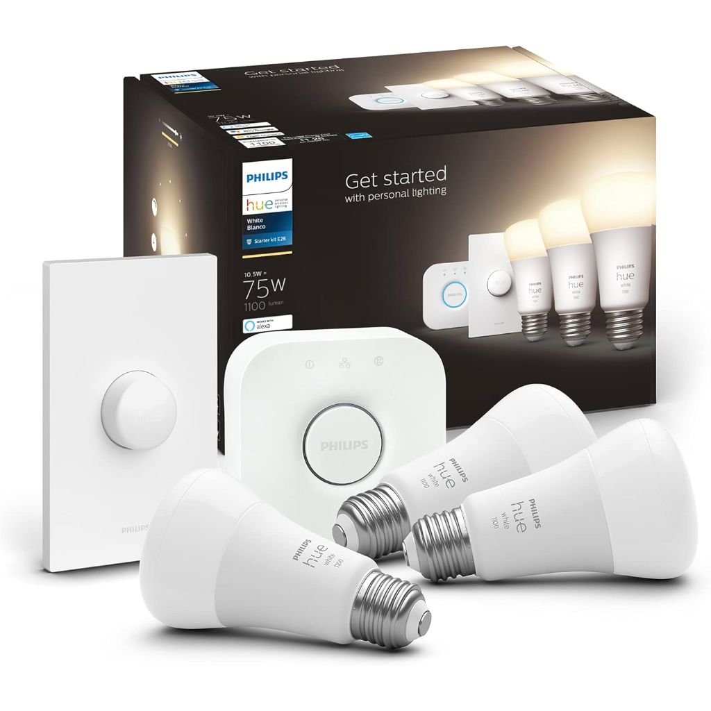 Philips Hue Starter Kit E26 w/Bridge, Smart Button, (3) 75W A19 LED Bulb, 1100LM