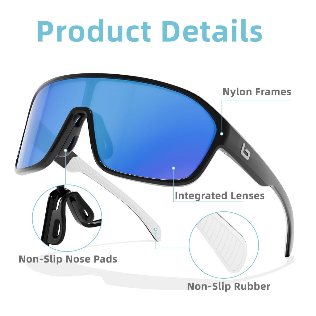 B.N.U.S sport sunglasses for men womens shades outdoor glasses UV Protection (Polished White/Silver Polarized, Plastic Lenses)