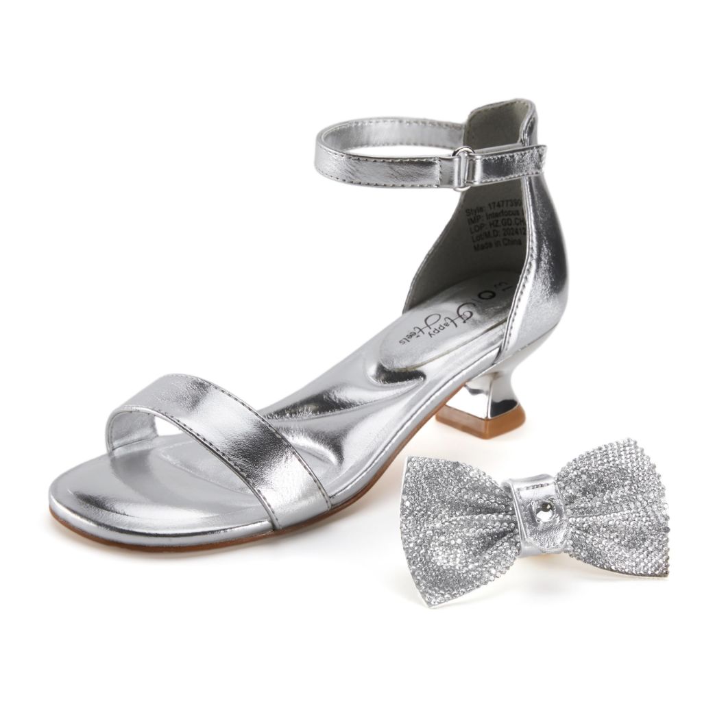 PATPAT Girls Sandal Heels with Removable Bow,Dress Shoes for Little Big Kid Size 4 (Silver)