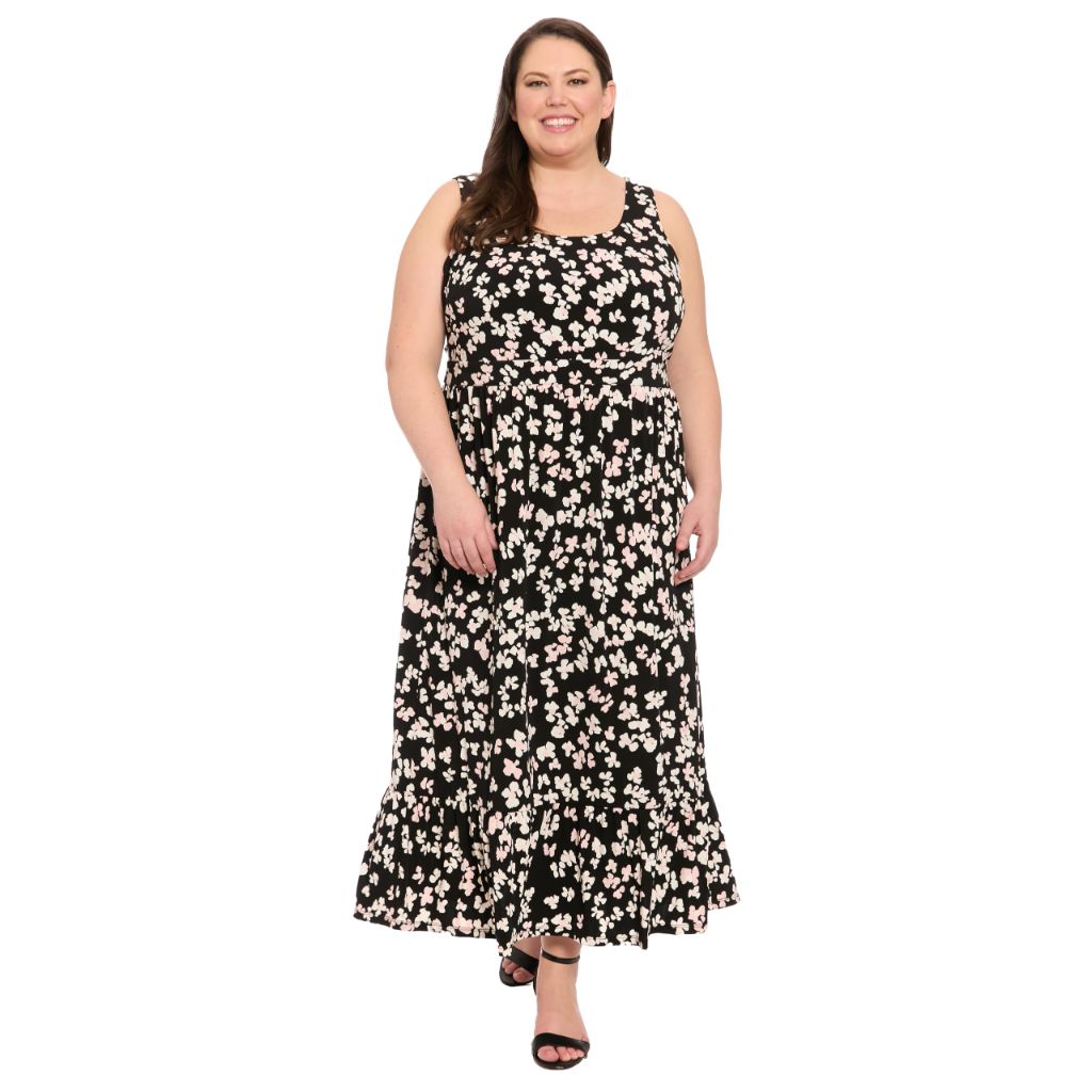 London Times Women's Dresses Women's Sleeveless Scoop Neck Tiered Maxi - Floral Print Empire Waist A-Line Summer Dress, Black/Cream, Small