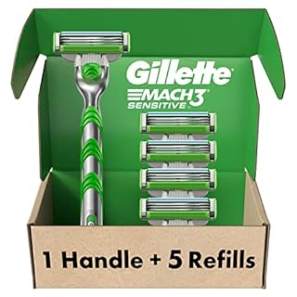 Gillette Mach3 Sensitive Men's Razor Handle + 5 Refills (Plain Box Packaging)