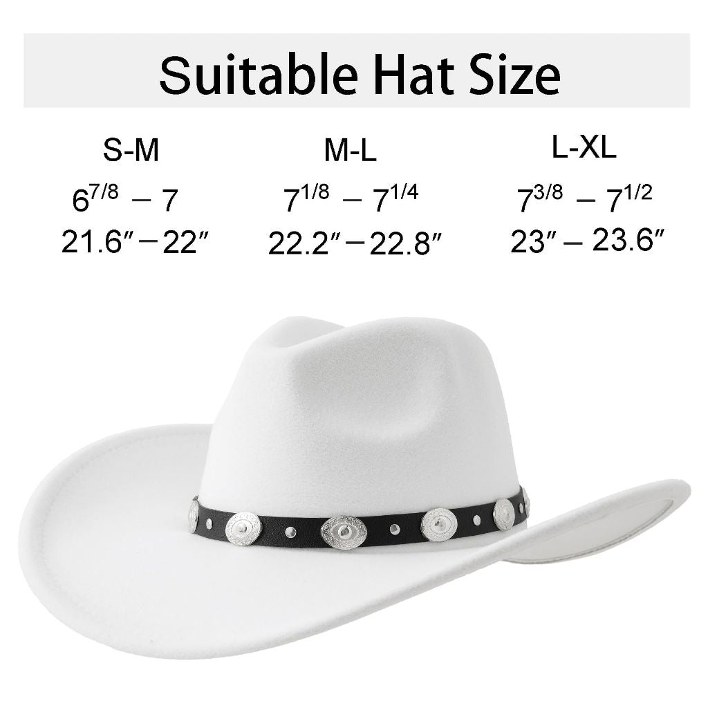 Lanzom Women Men Felt Wide Brim Western Cowboy Hats Belt Buckle Panama Hat (White, Large-X-Large)