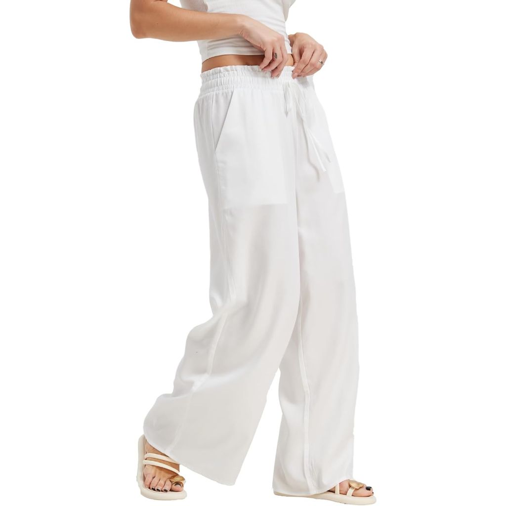 KYAL Women’s Summer Palazzo Pants, High Waist, Wide Leg, White, Large