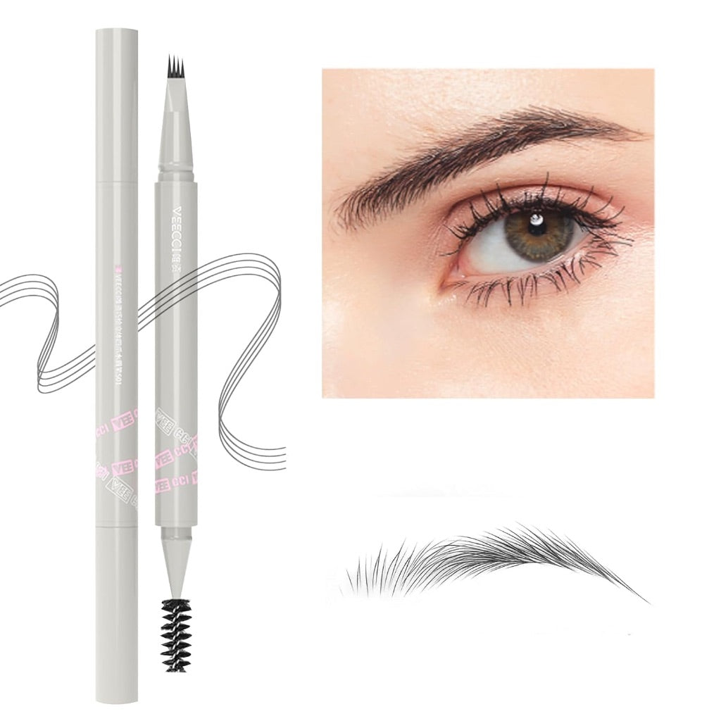 Liquid Eyebrow Pencil, Long-lasting Waterproof Fork Tip Grey Brow Pen with Brow Brush, Double Ended - Smudgeproof and Tattoo Microblading Effect