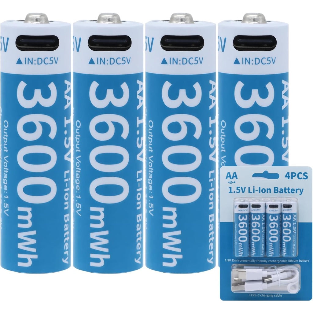 AA Rechargeable Lithium Batteries, USB-C Rechargeable Li-Ion Battery 1.5V 3600mWh - 4 Pack