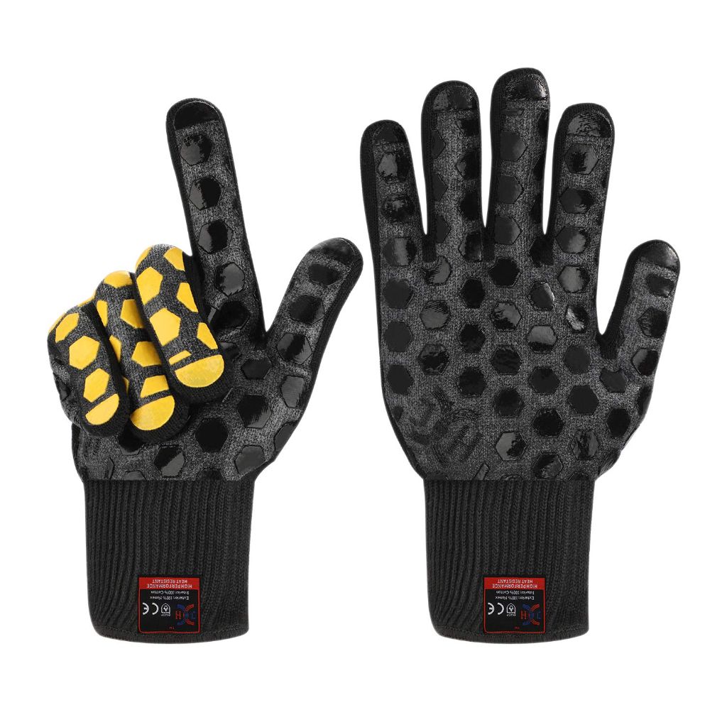 J H Heat Resistant Oven Glove (Black/Yellow, Regular Cuff)