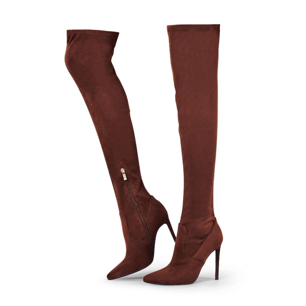 SZ 8.5 Elisabet Tang Thigh High Boots Over the Knee Boots for Women, Stretch Suede | Brown