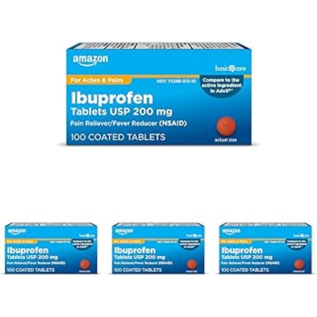 Amazon Basic Care Ibuprofen Tablets 200 mg, Pain Reliever/Fever Reducer, 100 Count