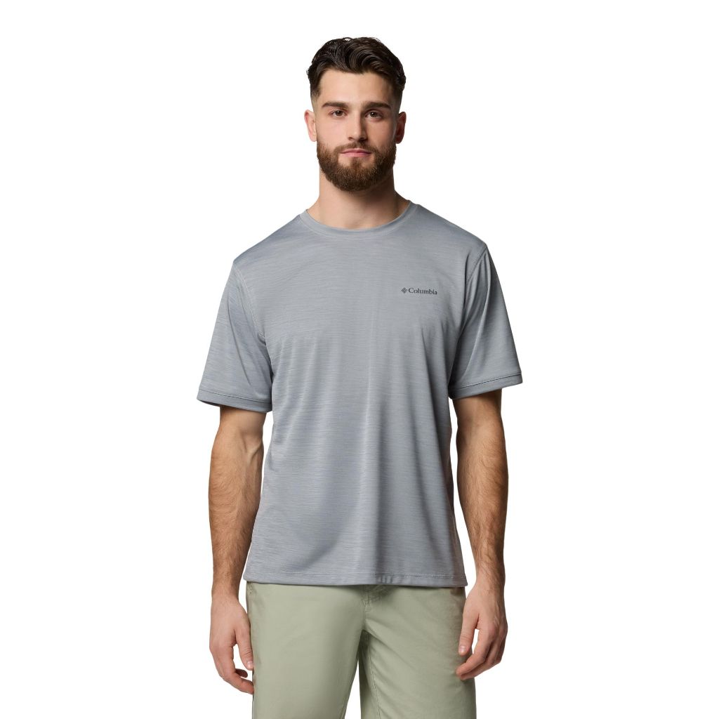 Columbia Mens Sage Peak Knit Short Sleeve Crew, Columbia Grey Heather, Medium