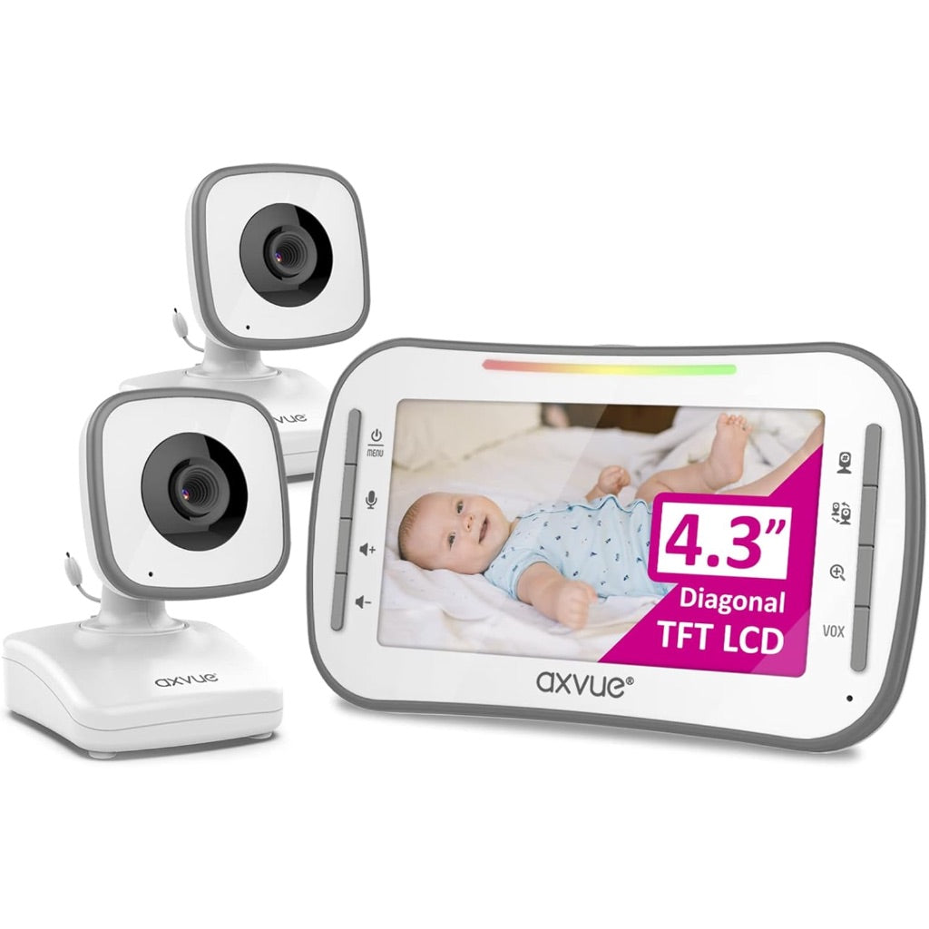 Axvue Video Baby Monitor 4.3" LCD Screen + 2 Cameras, 2-Way Audio, Rechargeable