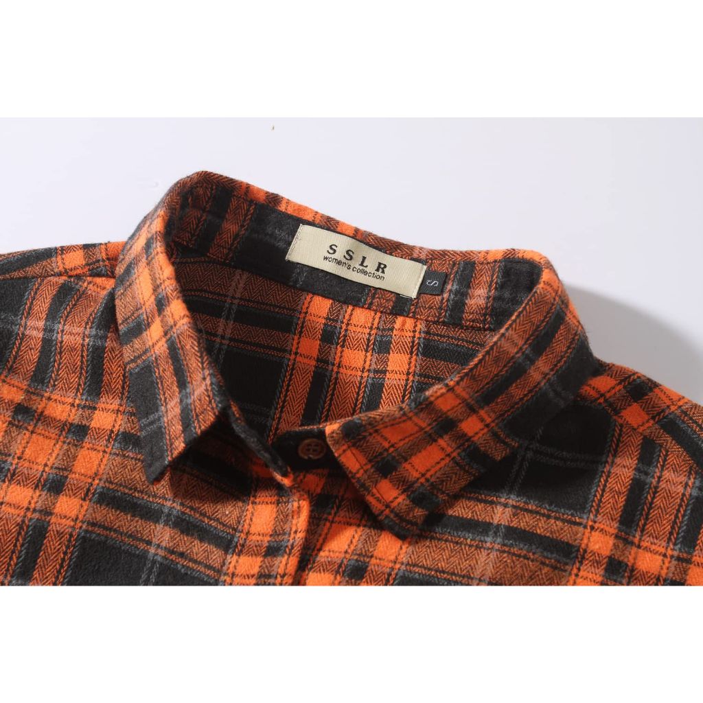SSLR Women's Long Sleeve Button Down Flannel Shirt - Orange/Black, 3XL