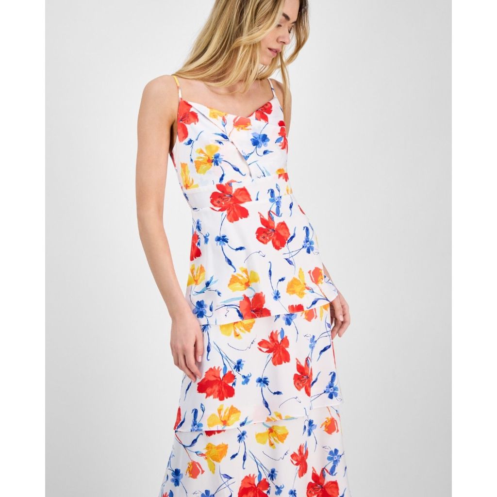 Anne Klein Women's Floral-Print Cowlneck Tiered Satin Maxi Dress - Pearl White Multi