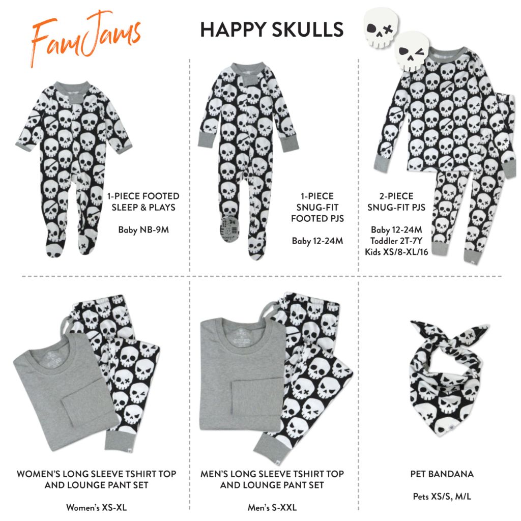 HonestBaby Family Matching Holiday Pajamas Organic Cotton for Family, Pets, Halloween Happy Skulls, X-Small