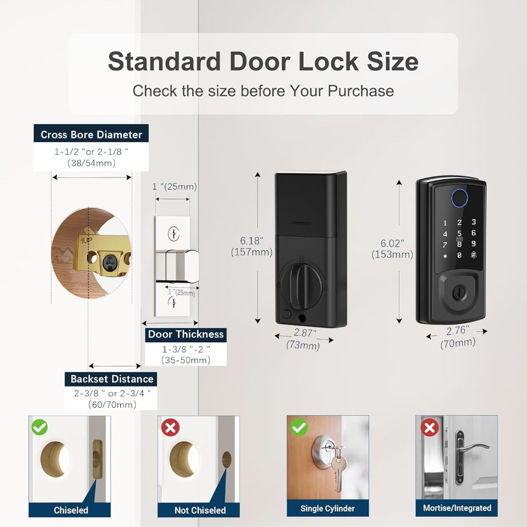 Golspark Fingerprint Smart Door Lock, Keyless Entry with Auto-Lock, One-Touch Locking, Touchscreen Keypad, App Control - Black