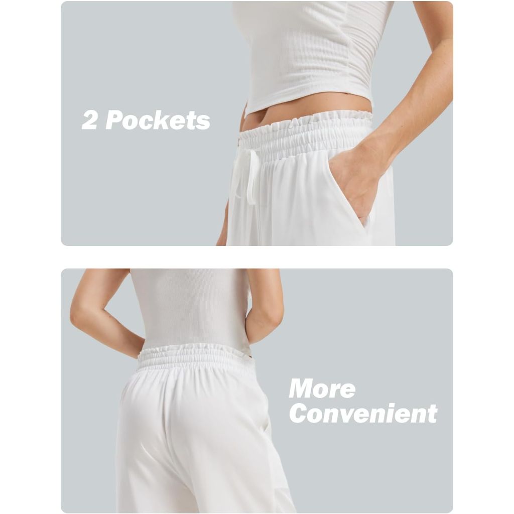 KYAL Women’s Summer Palazzo Pants, High Waist, Wide Leg, White, Large