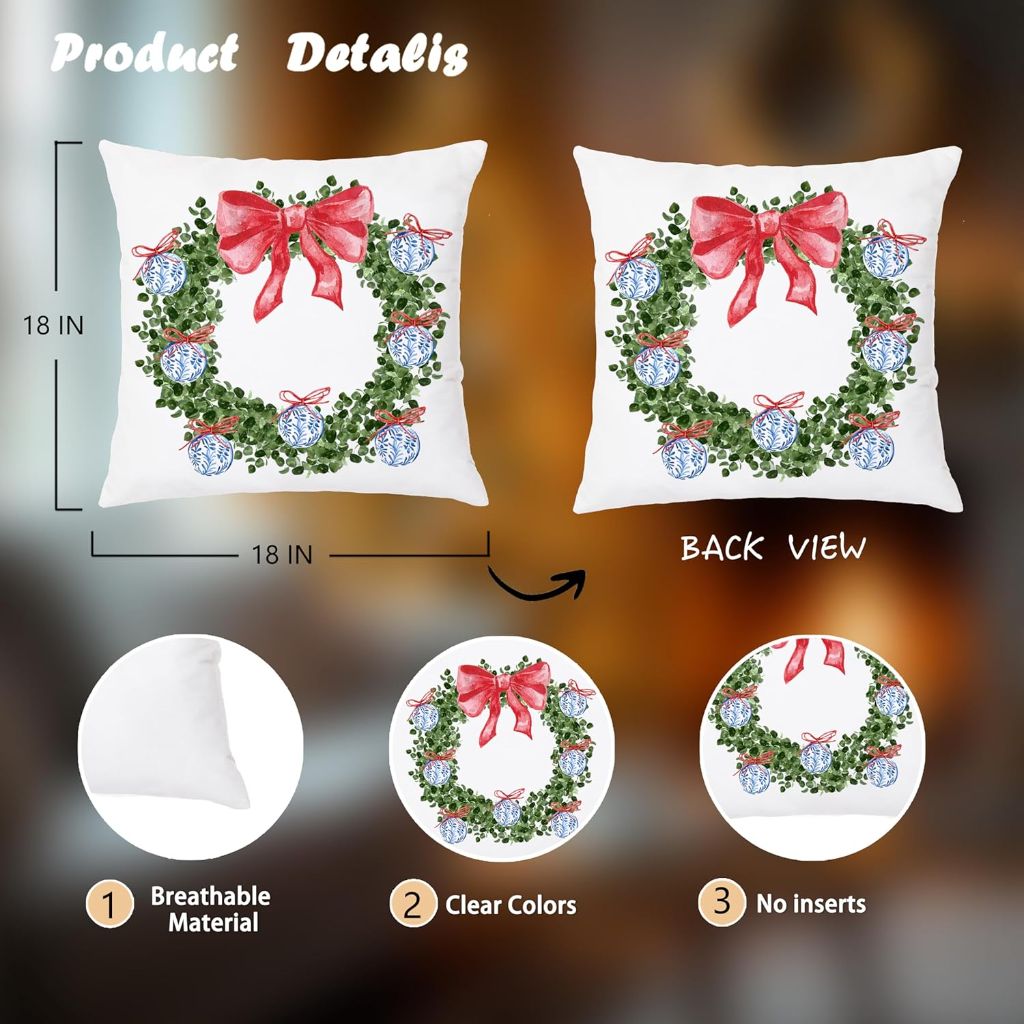 Red Bow Chinoiserie Christmas Tree Wreath Pillow Covers (18" x 18") - Set of 4