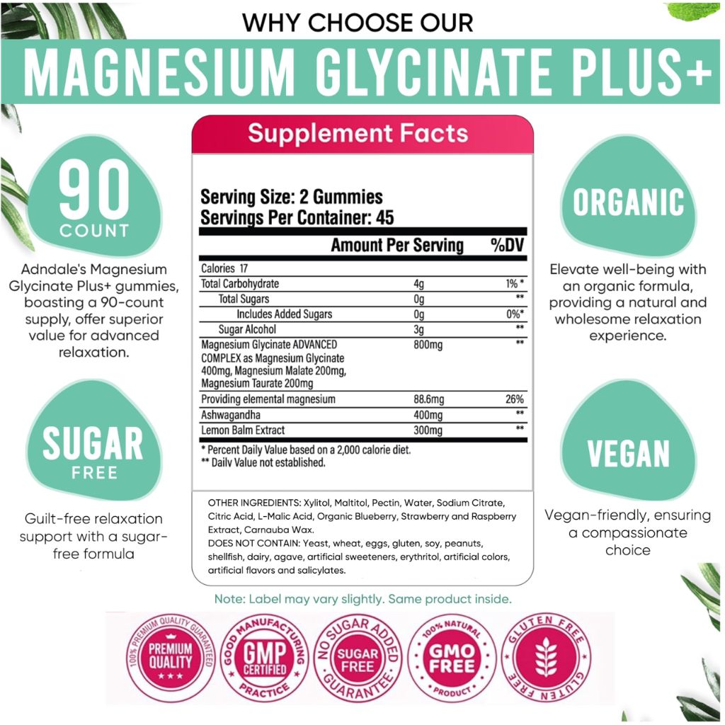 Adndale 400 mg Magnesium Glycinate + Gummies, 180 ct