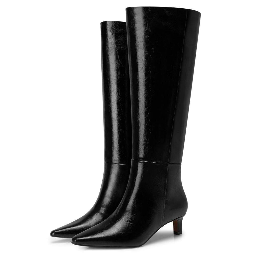 CELLENZ Women's Knee High Boots: Fashion Kitten Low Heels Boot - Wide Calf Tall Boots for Women - Black Leather Heeled Fall Boot Size 7.5