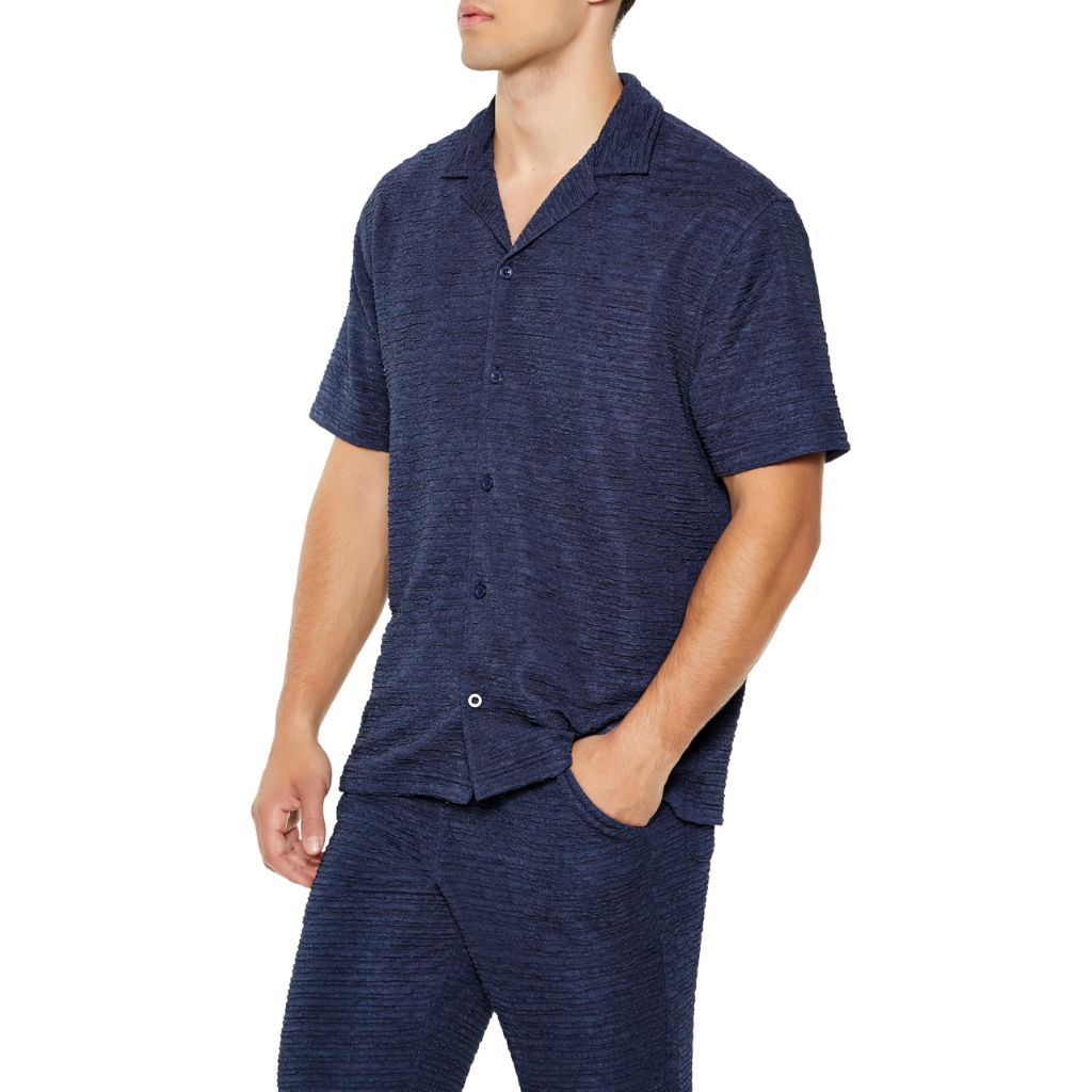 SZ 2XL, Forever 21 Men's Textured Cuban-Collar Shirt | Blue