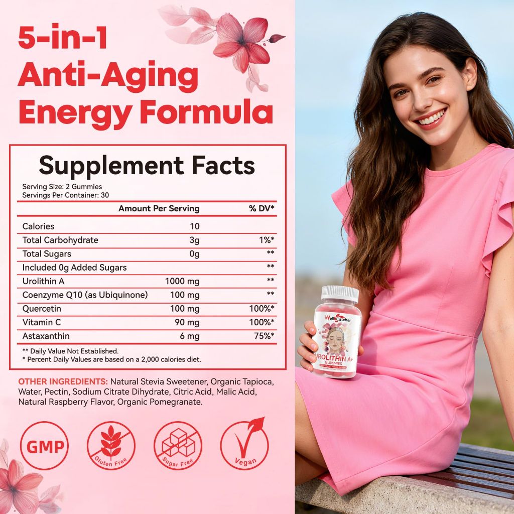 Well Catcher Urolithin A+ Supplement, Sugar Free, Raspberry Flavor - 60 gummies