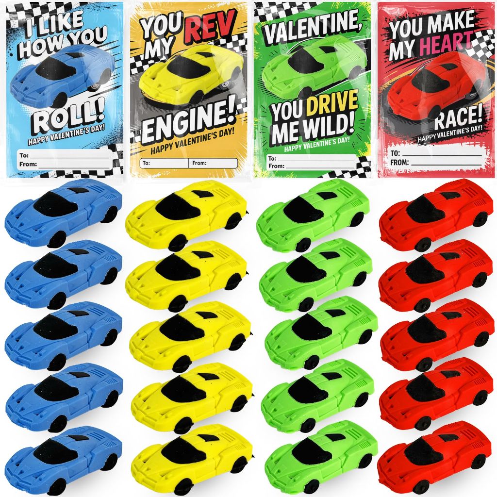24pcs Valentines Day Cards for Kids School with Car Erasers
