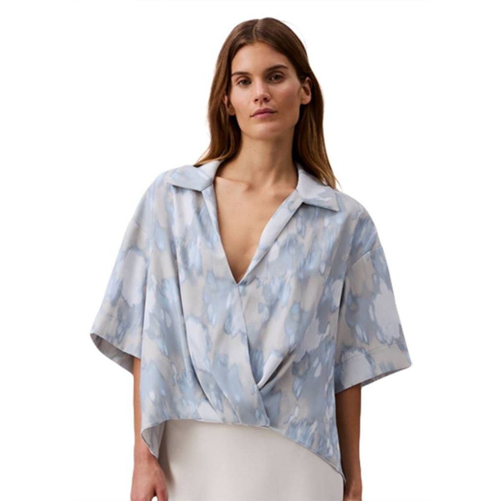 Womens Calvin Klein Short Sleeve Cloudburst Faux Wrap Blouse