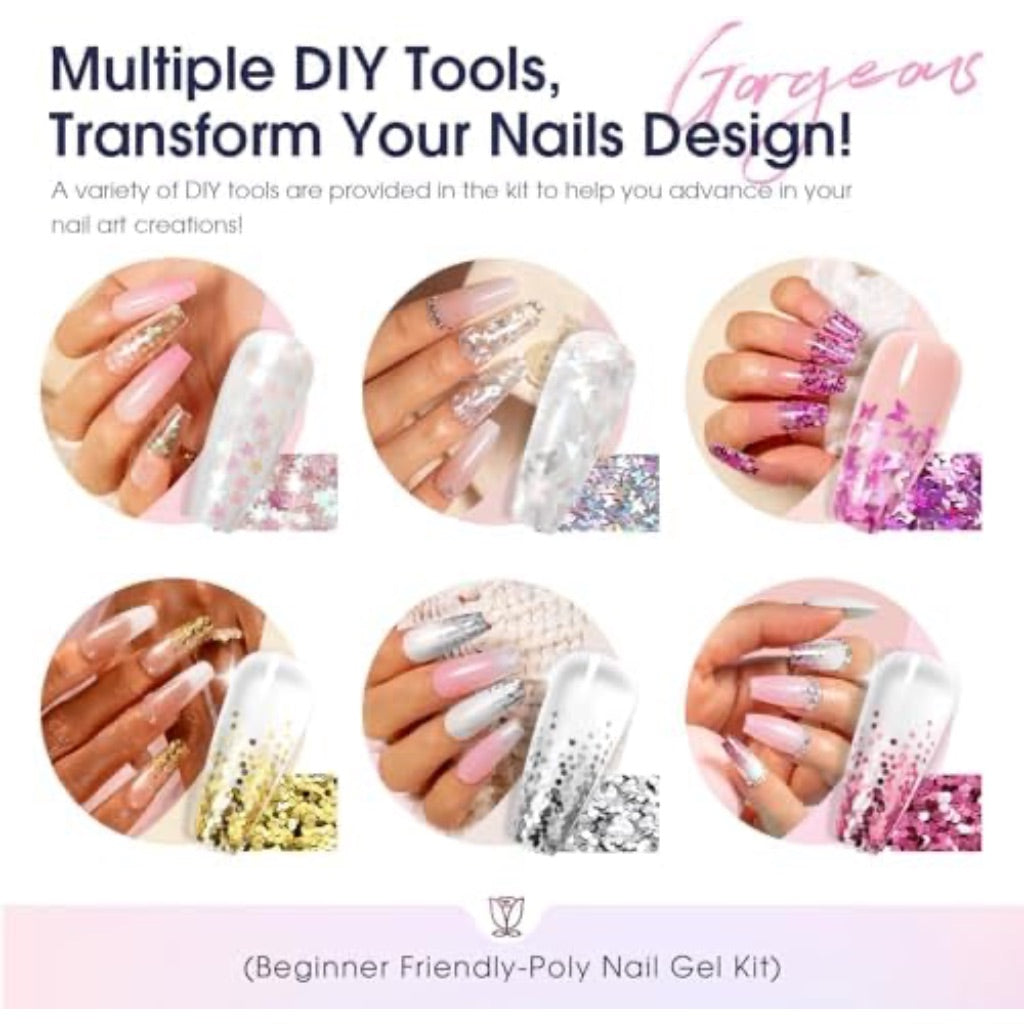 ROSALIND Poly Nail Gel Kit Starter -14 Colors + 72 Nail Art Accessories kit Builder Clear Pink Glitter Gel with Mini U V Lamp Nude Pink Strengthener 3D Molding