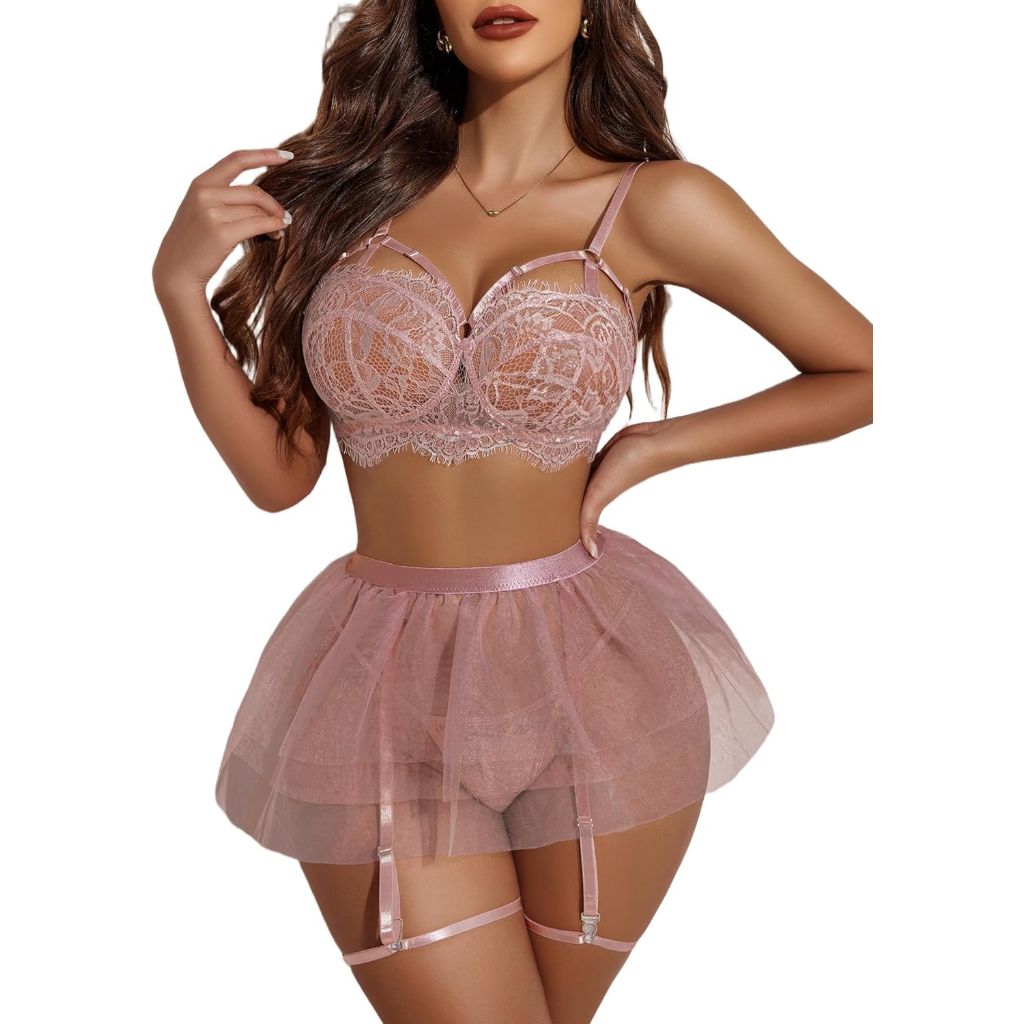 Avidlove Lace Garter Lingerie for Women Mesh Mini Skirt Nightwear Babydoll Bodysuit Plus Size