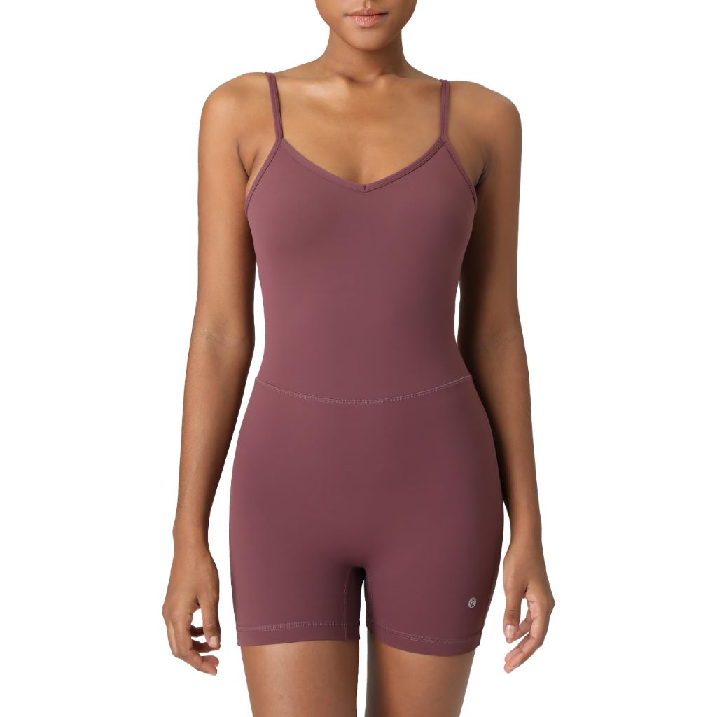 Colorfulkoala Women's Dreamlux Workout Romper with Adjustable Strap V Neck Padded Stretchy (XS, Plum Red)