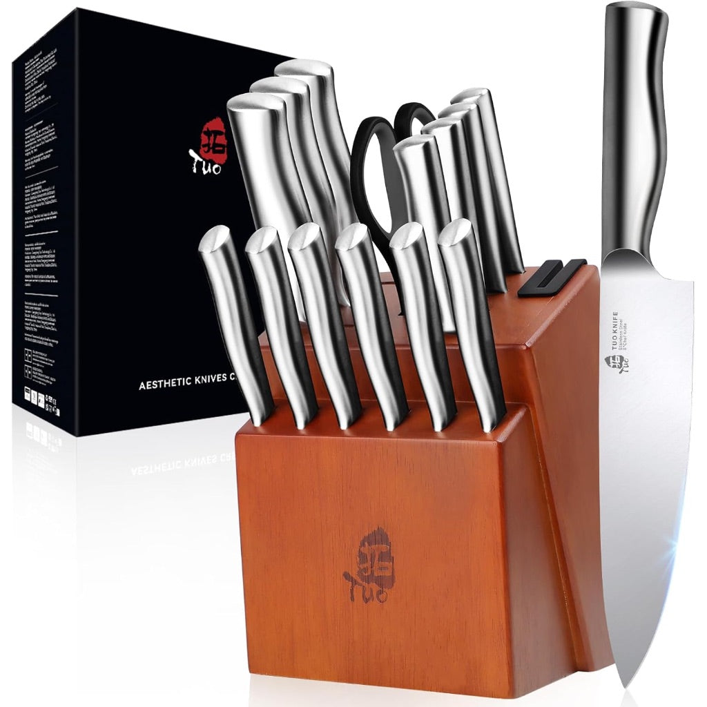 Tuo 16 Piece Knife Block Set with Sharpener, High Carbon Stainless Steel Blades