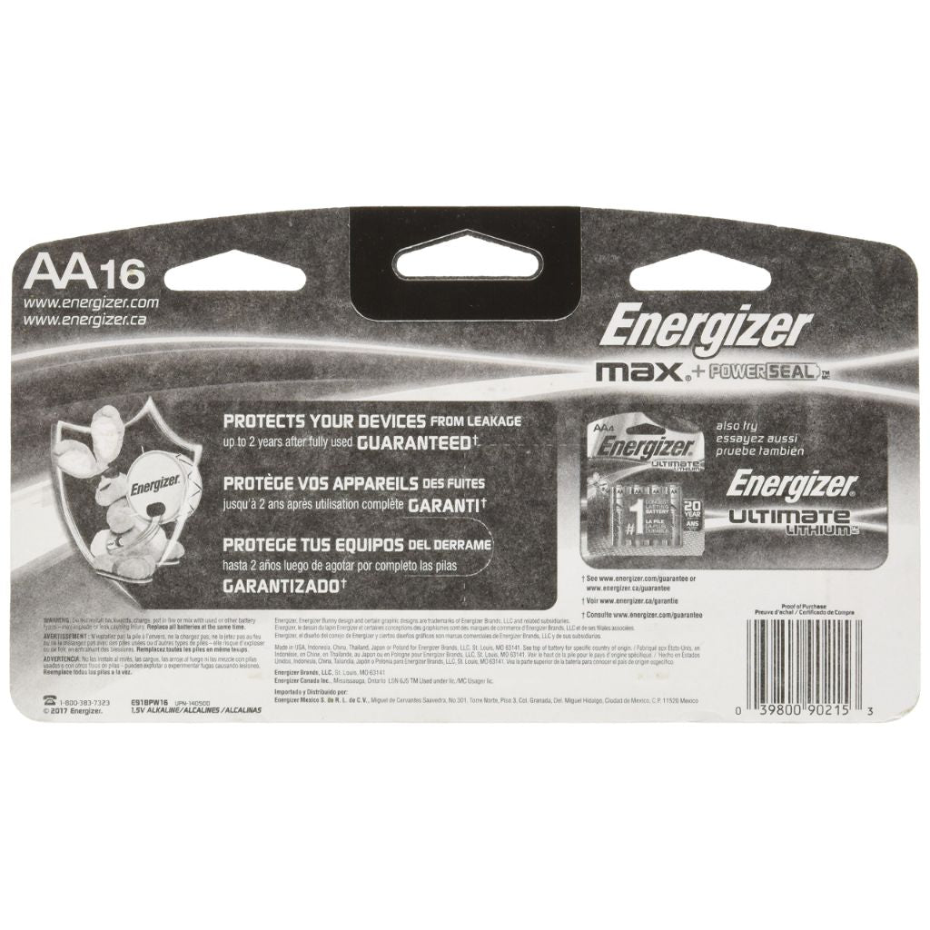 Energizer E91BPW16 Max AA Alkaline Batteries AA Size 16 Pack