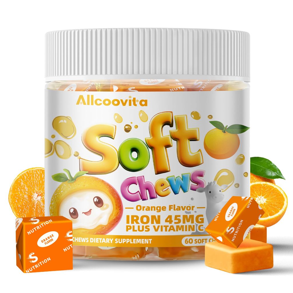 Allcoovita Iron Soft Chews Supplement with Vitamin C | Orange Flavored  | 60 Count | 2 Month Supply