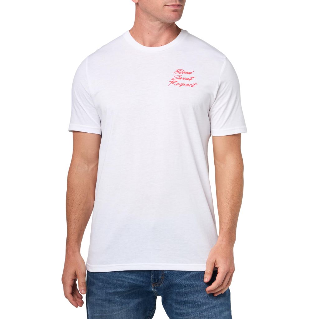 Under Armour Men's Project Rock Blood Sweat Respect Short Sleeve T Shirt, (100) White / / Racer Red, Large