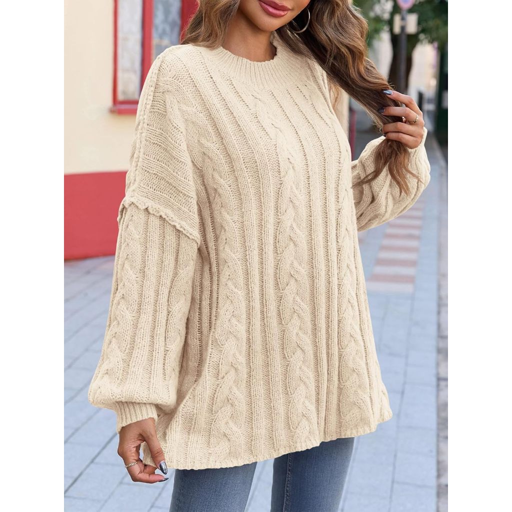 Saodimallsu Womens Oversized Sweaters Chunky Cable Knit Crew Neck Casual Long Lantern Sleeve Fall Tunic Sweater Tops
