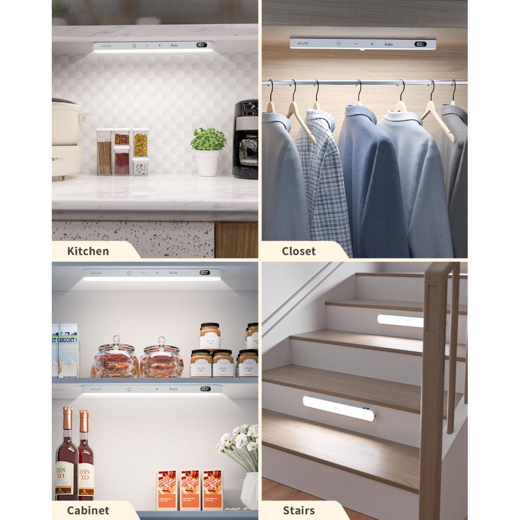 WILLED Motion Sensor Light Indoor, Battery Display, 60 LED Touch Light Bar, Under Cabinet Lights Rechargeable, Battery Operated Closet Light Wireless, Stick on Under Counter Lights for Kitchen(4 Pack)