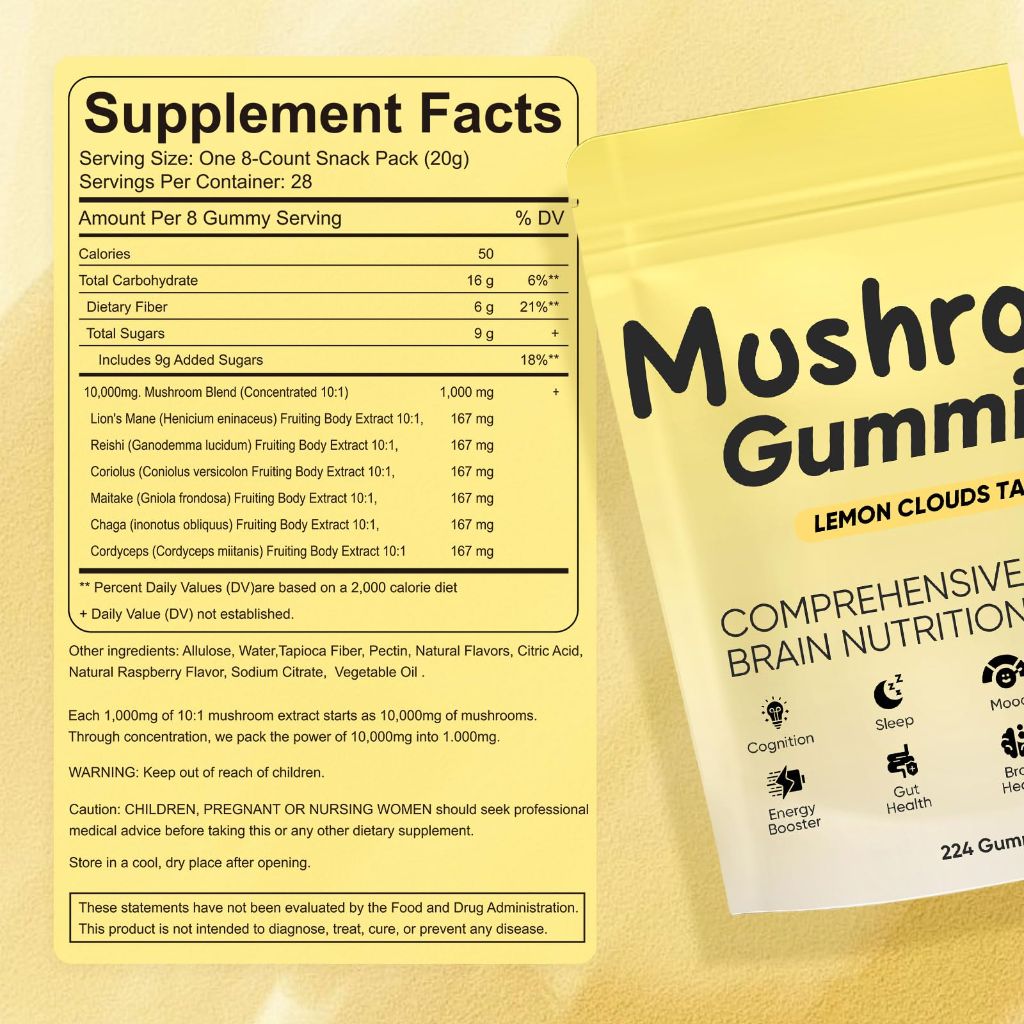 REYUQU Lions Mane Mushroom Gummies, 10,000 mg Adaptogenic Mushroom Complex per Serving - 28 Daily Sachets