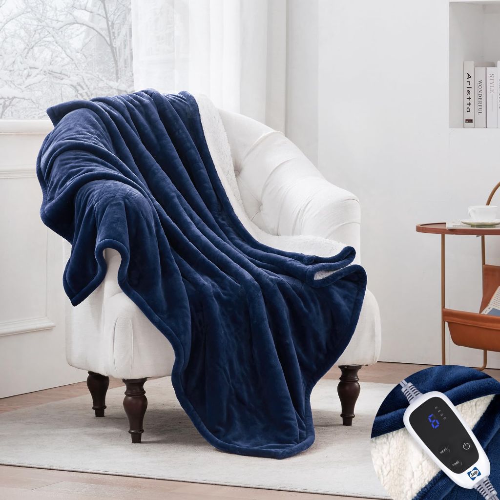 SEALY Electric Heated Flannel & Sherpa Throw Blanket - 50x60 in, Navy/White