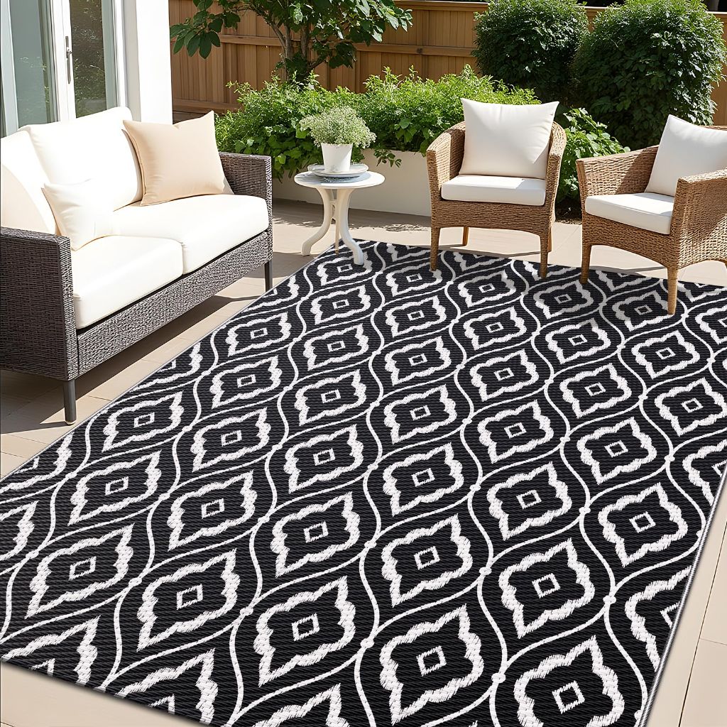 OLANLY Outdoor Waterproof Rug 6x9 ft , Black & White