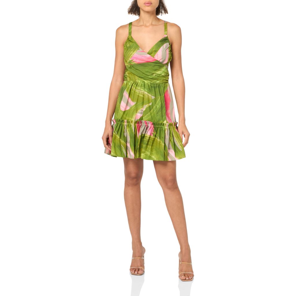 SZ S, BCBG New York Women's Surplice Neck Crossover Sleeveless Back Tie Mini Dress, Green Multi
