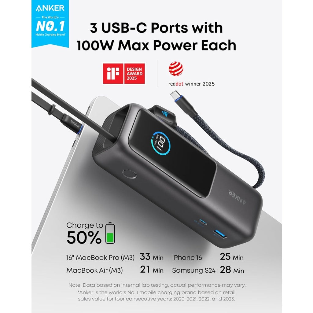 Anker Laptop Power Bank, 25,000mAh Portable Charger with Triple 100W USB-C Ports