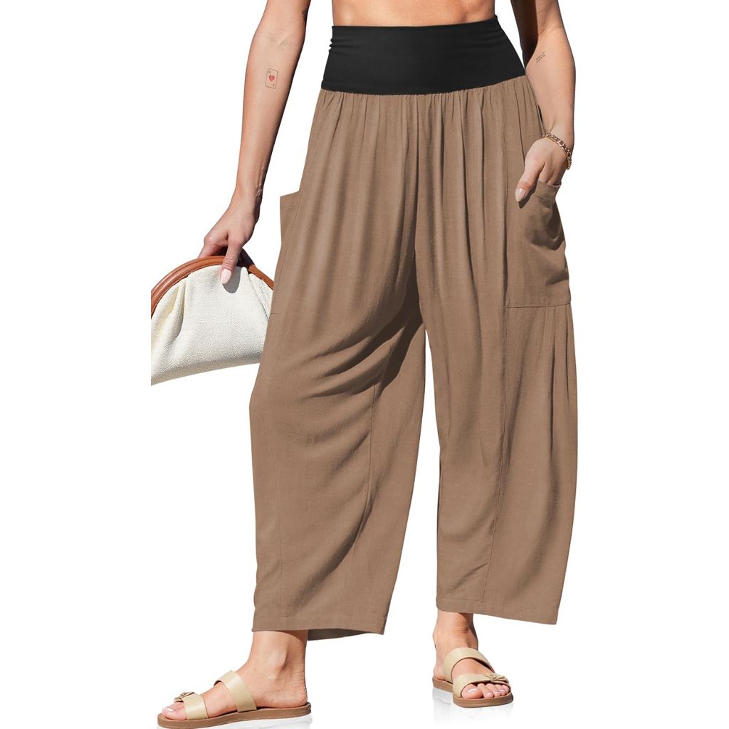TARSE Womens Linen Wide Leg Pants, Loose, Elastic Waist with Pockets(MidCoffee,S)