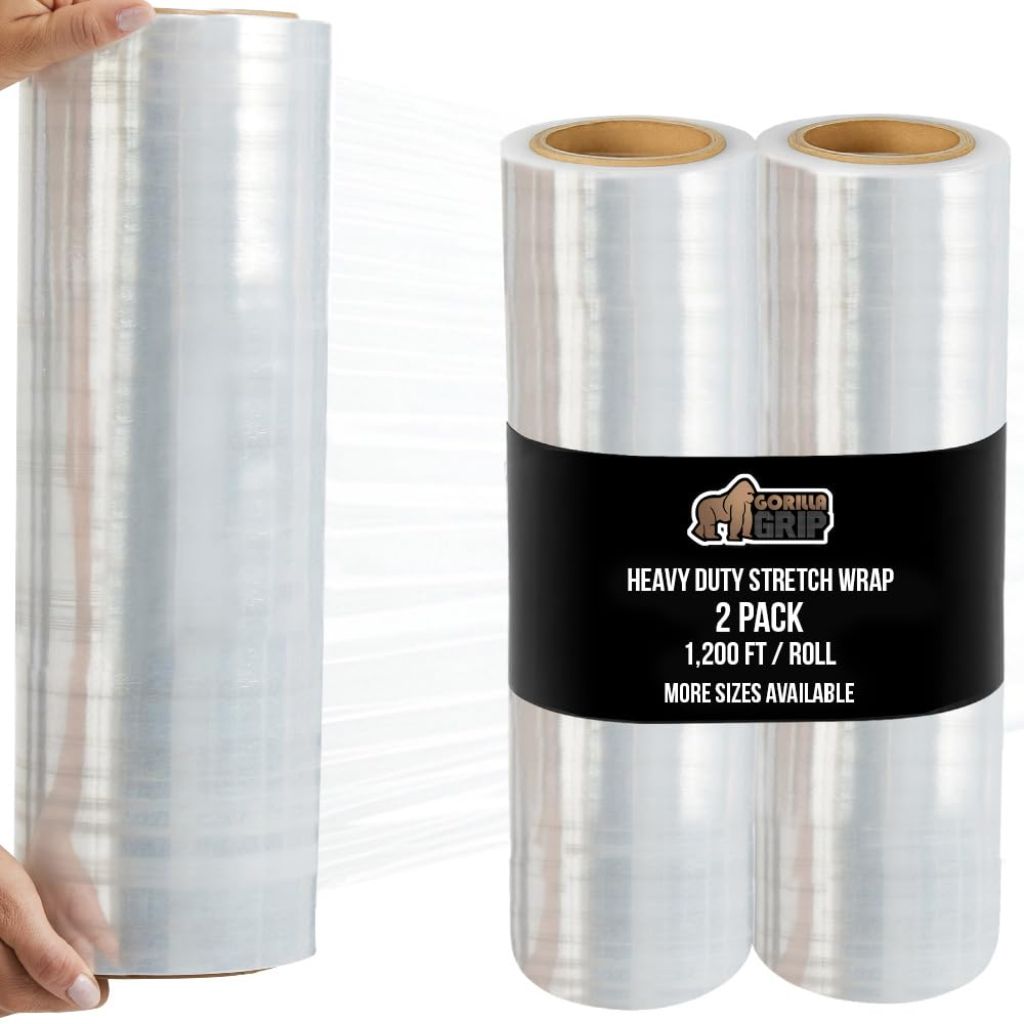 GORILLA GRIP 500% Stretch Film Heavy Duty Plastic, 2 Pack 1200ft Shrink Wrap Rolls 17" Puncture Resistant, Industrial Strength for Pallet Storing, Wrapping, Moving, Packing Furniture Protection Clear